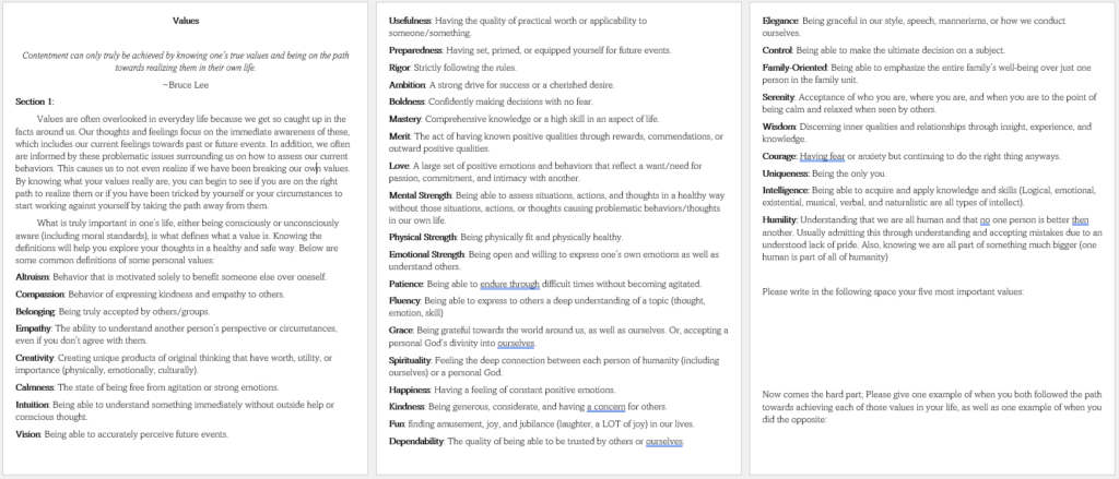 The first image of a handout for values.
