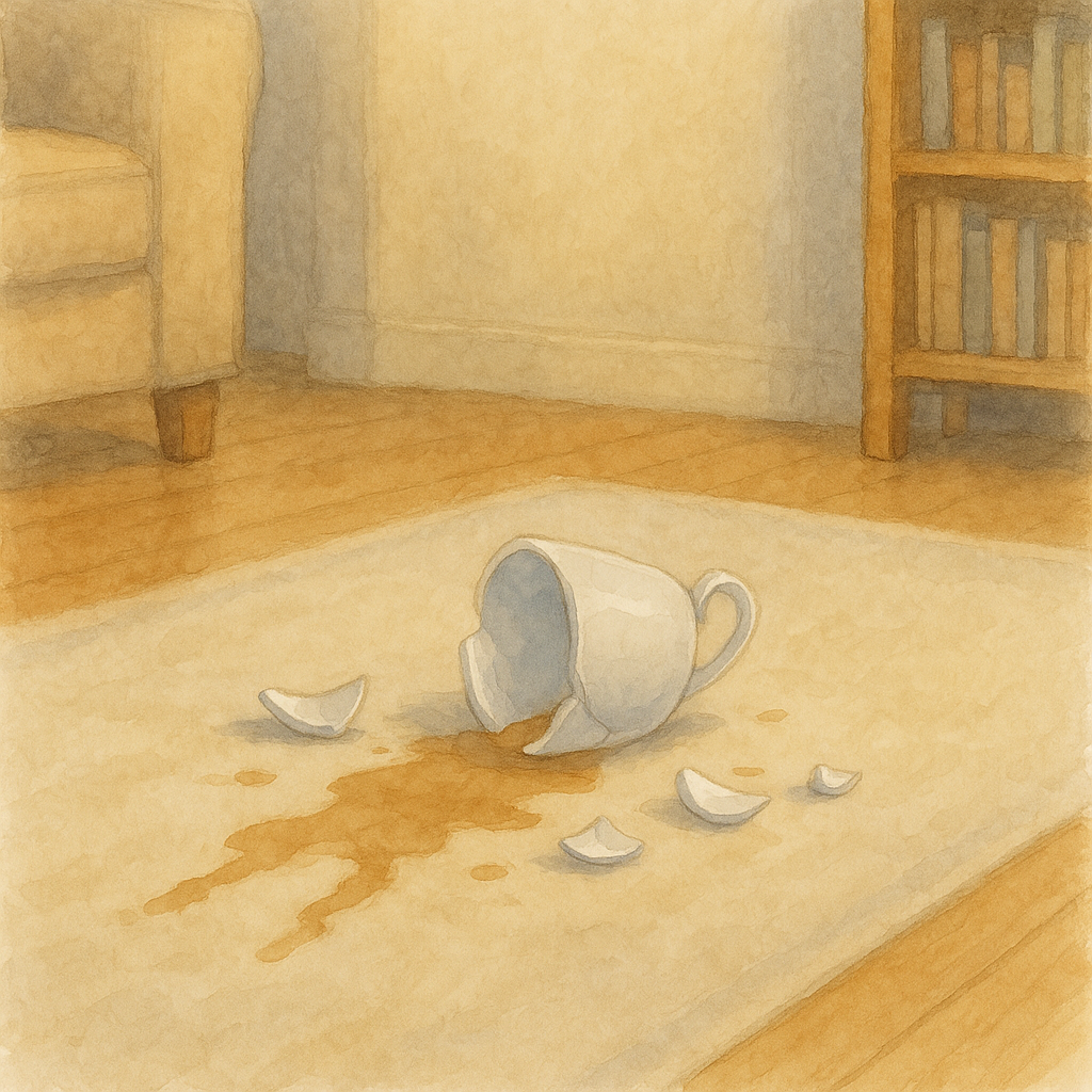 A watercolor image of a broken teacup on a carpet floor. Spilled tea and shattered porcelain lay across the white carpet.