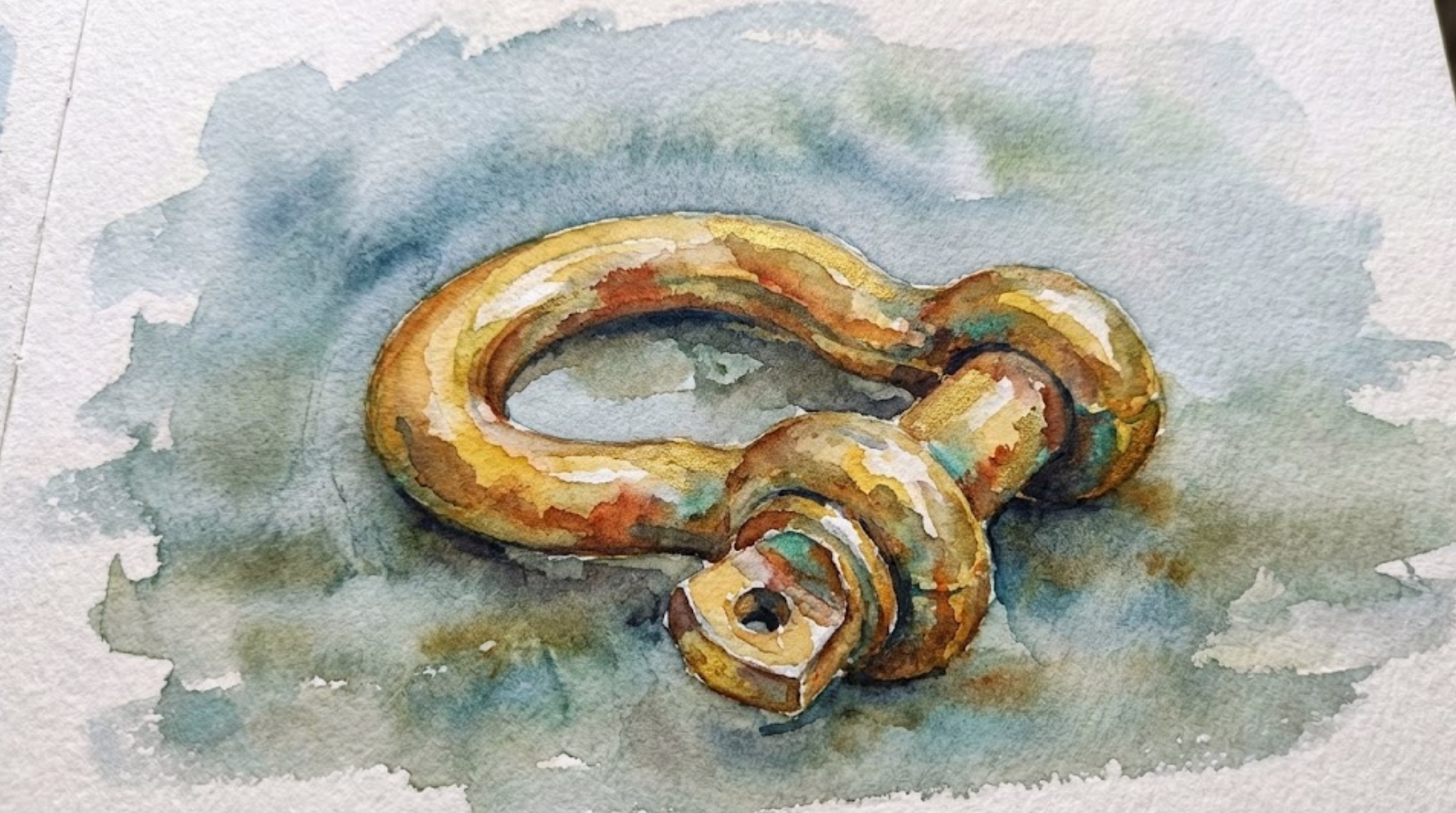 A watercolor image of an old, golden colored, shackle.